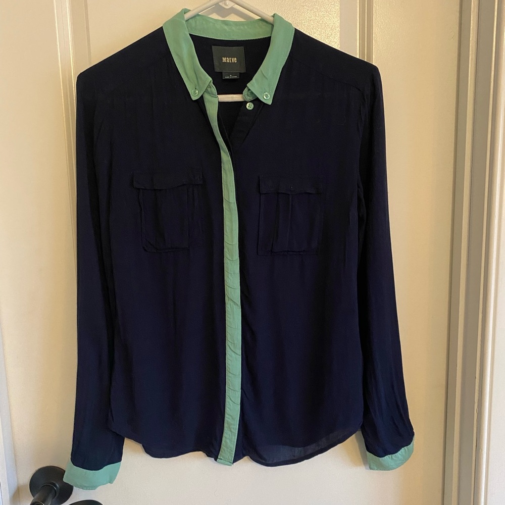 Maeve Anthropologie Mint and Dark Blue Collared Rayon Shirt